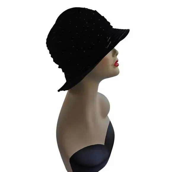 Swan Hat NY Black Velvet ClocheFlapper 1920s Gatsby Beaded Hat